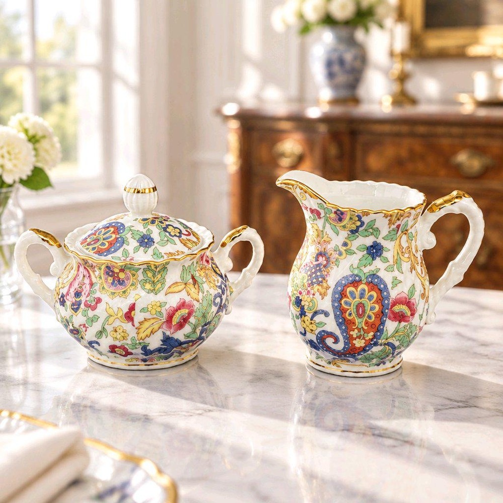 Porcelain Sugar Bowl and Creamer Lefton Paisley Fantasia #6796